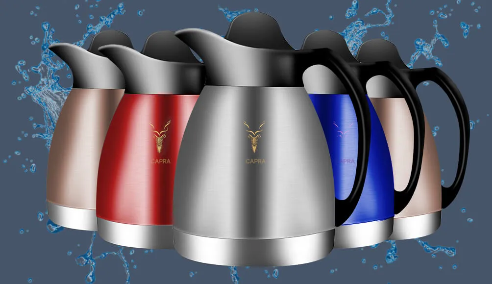 CAPRA vacuum jugs in red, steel, blue and rose finishes