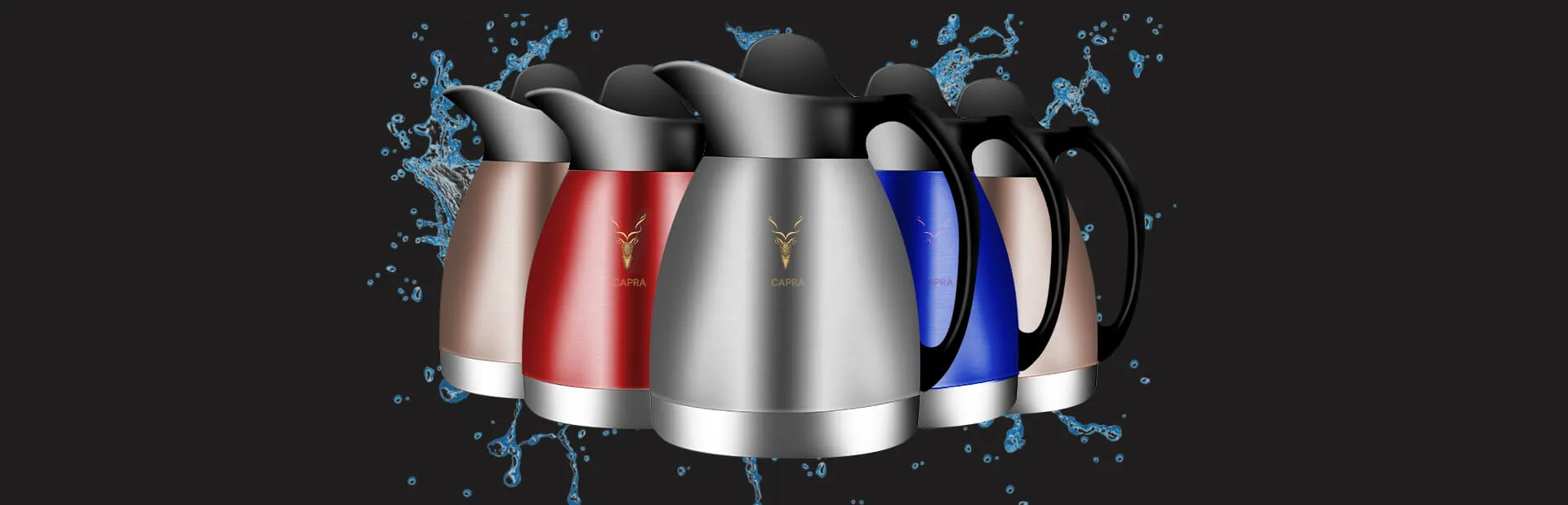 CAPRA stainless steel vacuum jugs on a dark background